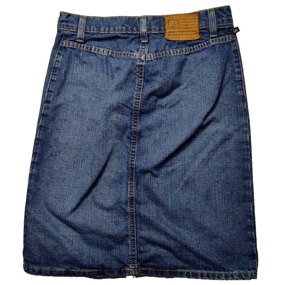 VTG POLO JEANS CO RALPH LAUREN Women 2 Blue Denim 21" Teeny Skirt USA FLAG PATCH